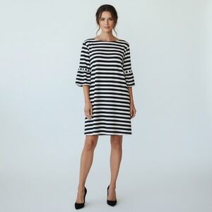 NWT Gianni Bini Black Ivory Striped Dress Bell Sleeve Lined Shift Women's L